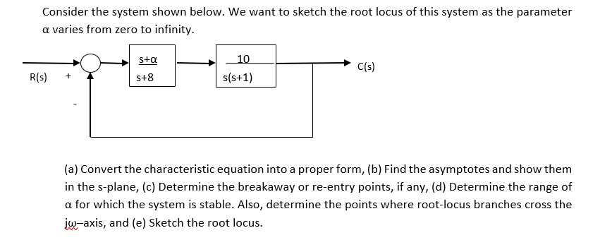 Consider the system shown below. We want to sketch the root locus of this system as the parameter
a varies from zero to infinity.
s+a
10
C(s)
R(s)
s+8
s(s+1)
(a) Convert the characteristic equation into a proper form, (b) Find the asymptotes and show them
in the s-plane, (c) Determine the breakaway or re-entry points, if any, (d) Determine the range of
a for which the system is stable. Also, determine the points where root-locus branches cross the
jw-axis, and (e) Sketch the root locus.
