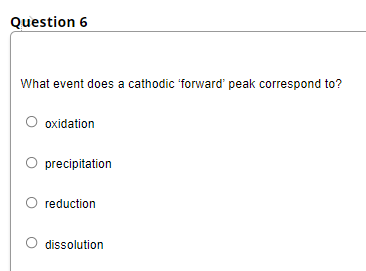 Question 6
What event does a cathodic 'forward' peak correspond to?
O oxidation
O precipitation
reduction
dissolution
