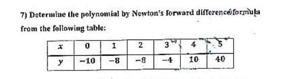 7) Determine the polynomial by Newton's forward difference formula
from the following table:
y
0
-10
1
-8
2 3
-8
-4
4 5
10 40