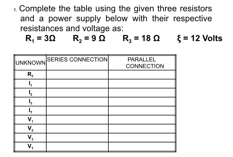 s. Complete the table using the given three resistors
and a power supply below with their respective
resistances and voltage as:
R, = 30
R2 = 9 Q
R3 = 18 Q
{ = 12 Volts
SERIES CONNECTION
PARALLEL
UNKNOWN
CONNECTION
R,
V,
V,
V,
V,
