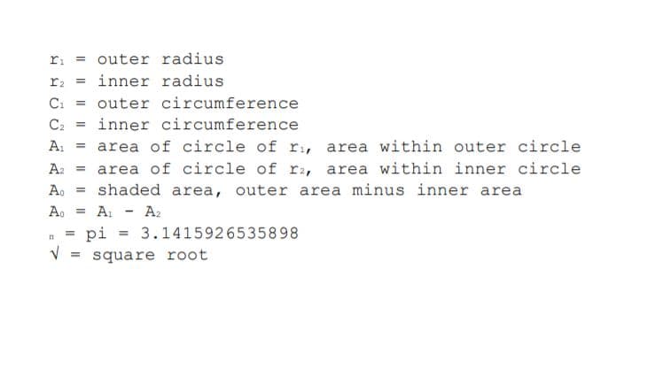 = outer radius
r2
inner radius
C: = outer circumference
C2
inner circumference
A
= area of circle of r, area within outer circle
A: = area of circle of ra, area within inner circle
shaded area, outer area minus inner area
Ao =
A.
A:
A2
%3D
pi
3.1415926535898
%3D
square root
