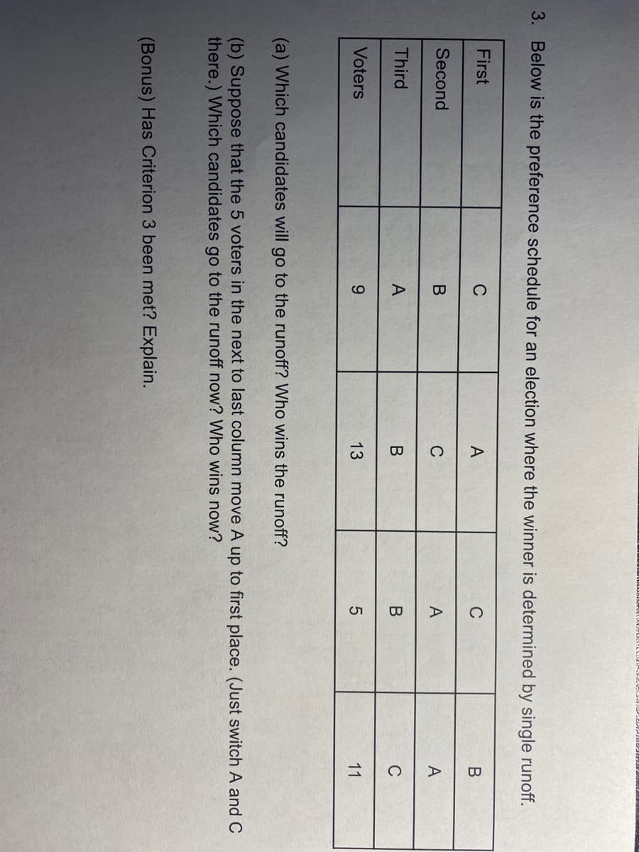 3. Below is the preference schedule for an election where the winner is determined by single runoff.
First
C
A
C
Second
C
A
A
Third
A
C
Voters
9
13
5
11
(a) Which candidates will go to the runoff? Who wins the runoff?
(b) Suppose that the 5 voters in the next to last column move A up to first place. (Just switch A and C
there.) Which candidates go to the runoff now? Who wins now?
(Bonus) Has Criterion 3 been met? Explain.
