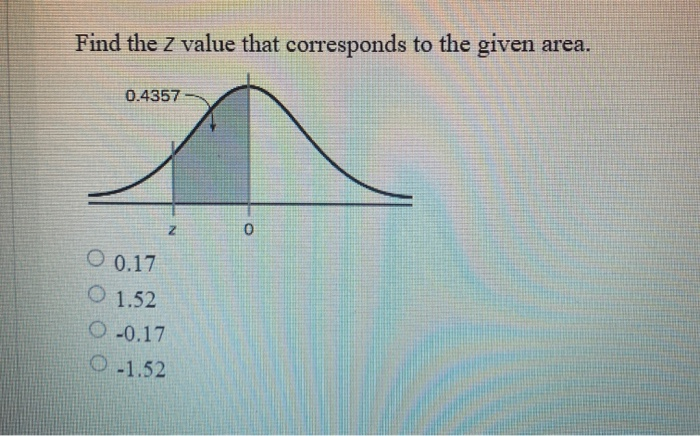Find the Z value that corresponds to the given area.
0.4357
O 0.17
O 1.52
O -0.17
O-1.52

