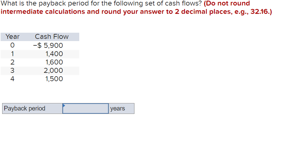 What is the payback period for the following set of cash flows? (Do not round
intermediate calculations and round your answer to 2 decimal places, e.g., 32.16.)
Year
O
1234
Cash Flow
-$ 5,900
1,400
1,600
2,000
1,500
Payback period
years
