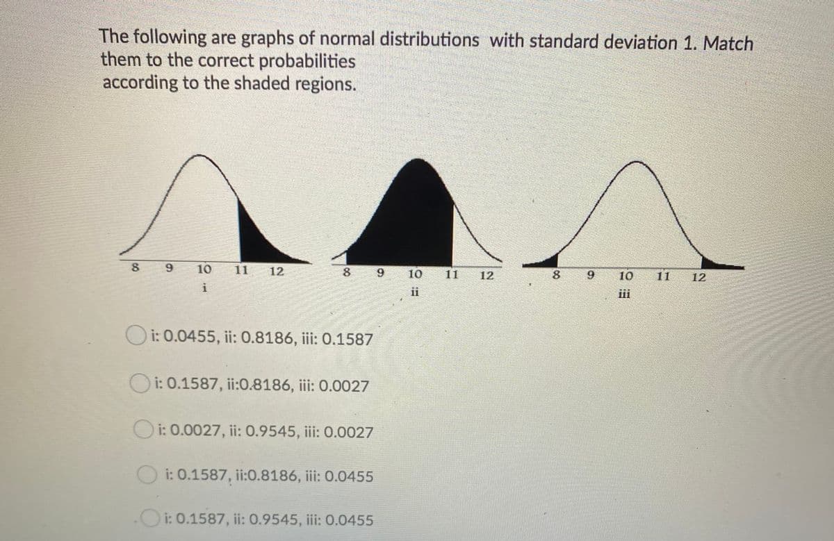 The following are graphs of normal distributions with standard deviation 1. Match
them to the correct probabilities
according to the shaded regions.
8 9
10
11
12
8.
10 11
8.
10
11
12
12
i
ii
iii
Oi: 0.0455, ii: 0.8186, iii: 0.1587
O i: 0.1587, ii:0.8186, iii: 0.0027
Oi: 0.0027, ii: 0.9545, iii: 0.0027
i: 0.1587, ii:0.8186, iii: 0.0455
-Oi: 0.1587, ii: 0.9545, iii: 0.0455
