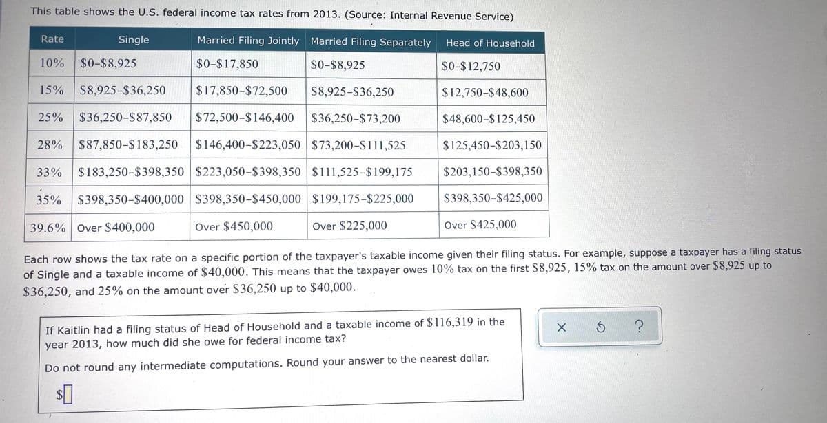 This table shows the U.S. federal income tax rates from 2013. (Source: Internal Revenue Service)
Rate
Single
Married Filing Jointly Married Filing Separately
Head of Household
10%
$0-$8,925
$0-$17,850
$0-$8,925
$0-$12,750
15%
$8,925-$36,250
$17,850-$72,500
$8,925-$36,250
$12,750-$48,600
25%
$36,250-$87,850
$72,500-$146,400
$36,250-$73,200
$48,600-$125,450
28%
$87,850-$183,250
$146,400-$223,050 $73,200-$111,525
$125,450-$203,150
33%
$183,250-$398,350 $223,050-$398,350 $111,525-$199,175
$203,150-$398,350
35% $398,350-$400,000 $398,350-$450,000 | $199,175-$225,000
$398,350-$425,000
39.6% Over $400,000
Over $450,000
Over $225,000
Over $425,000
Each row shows the tax rate on a specific portion of the taxpayer's taxable income given their filing status. For example, suppose a taxpayer has a filing status
of Single and a taxable income of $40,000. This means that the taxpayer owes 10% tax on the first $8,925, 15% tax on the amount over $8,925 up to
$36,250, and 25% on the amount over $36,250 up to $40,000.
If Kaitlin had a filing status of Head of Household and a taxable income of $116,319 in the
year 2013, how much did she owe for federal income tax?
Do not round any intermediate computations. Round your answer to the nearest dollar.
