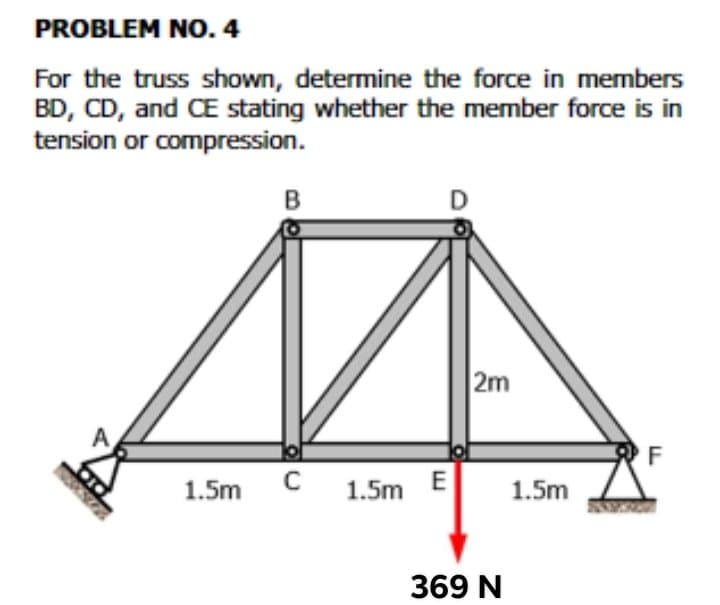 PROBLEM NO. 4
For the truss shown, determine the force in members
BD, CD, and CE stating whether the member force is in
tension or compression.
B
2m
F
1.5m
1.5m E
1.5m
369 N
