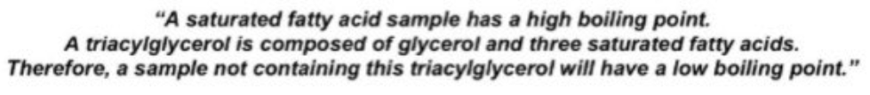 "A saturated fatty acid sample has a high boiling point.
A triacylglycerol is composed of glycerol and three saturated fatty acids.
Therefore, a sample not containing this triacylglycerol will have a low boiling point."
