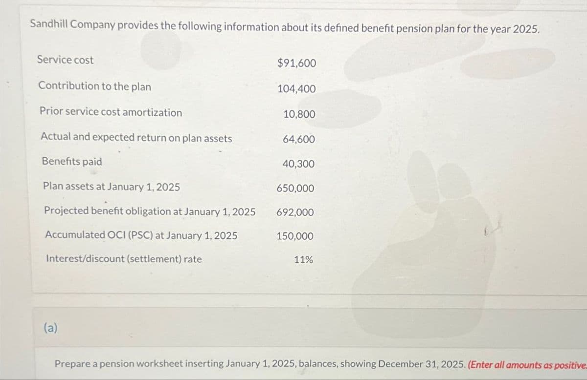 Sandhill Company provides the following information about its defined benefit pension plan for the year 2025.
Service cost
Contribution to the plan
$91,600
104,400
Prior service cost amortization
10,800
Actual and expected return on plan assets
64,600
Benefits paid
40,300
Plan assets at January 1, 2025
650,000
Projected benefit obligation at January 1, 2025
692,000
Accumulated OCI (PSC) at January 1, 2025
150,000
Interest/discount (settlement) rate
11%
(a)
Prepare a pension worksheet inserting January 1, 2025, balances, showing December 31, 2025. (Enter all amounts as positive.