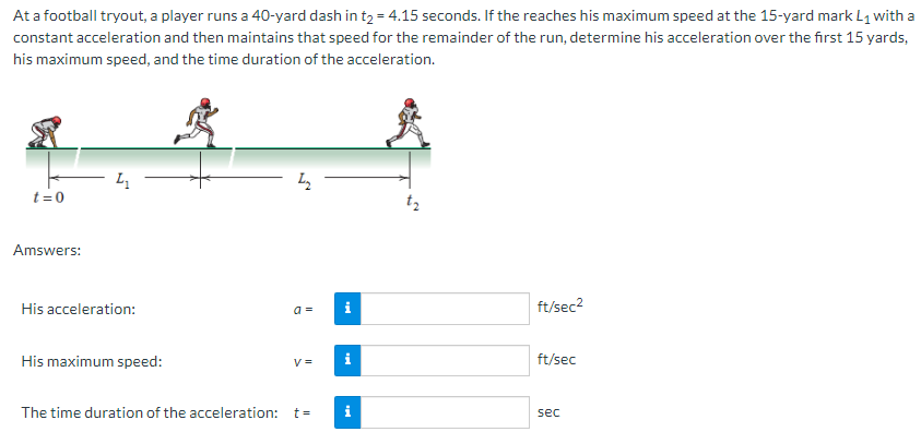 At a football tryout, a player runs a 40-yard dash in t₂ = 4.15 seconds. If the reaches his maximum speed at the 15-yard mark L₁ with a
constant acceleration and then maintains that speed for the remainder of the run, determine his acceleration over the first 15 yards,
his maximum speed, and the time duration of the acceleration.
t=0
Amswers:
4₁
His acceleration:
His maximum speed:
L₂
a =
V =
The time duration of the acceleration: t =
ft/sec²
ft/sec
sec