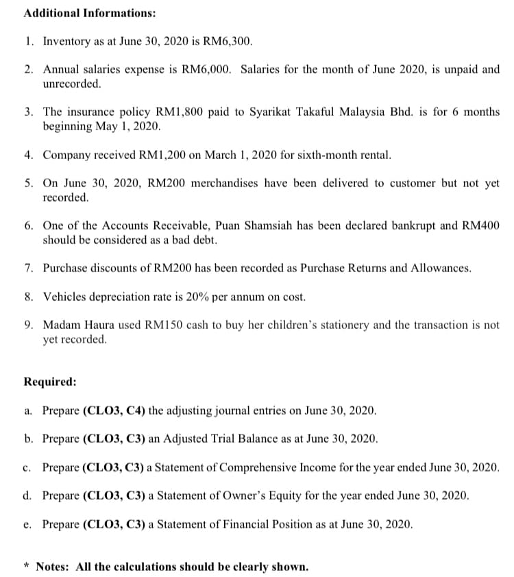 Additional Informations:
1. Inventory as at June 30, 2020 is RM6,300.
2. Annual salaries expense is RM6,000. Salaries for the month of June 2020, is unpaid and
unrecorded.
3. The insurance policy RM1,800 paid to Syarikat Takaful Malaysia Bhd. is for 6 months
beginning May 1, 2020.
4. Company received RM1,200 on March 1, 2020 for sixth-month rental.
5. On June 30, 2020, RM200 merchandises have been delivered to customer but not yet
recorded.
6. One of the Accounts Receivable, Puan Shamsiah has been declared bankrupt and RM400
should be considered as a bad debt.
7. Purchase discounts of RM200 has been recorded as Purchase Returns and Allowances.
8. Vehicles depreciation rate is 20% per annum on cost.
9. Madam Haura used RM150 cash to buy her children's stationery and the transaction is not
yet recorded.
Required:
a. Prepare (CLO3, C4) the adjusting journal entries on June 30, 2020.
а.
b. Prepare (CLO3, C3) an Adjusted Trial Balance as at June 30, 2020.
c. Prepare (CLO3, C3) a Statement of Comprehensive Income for the year ended June 30, 2020.
d. Prepare (CLO3, C3) a Statement of Owner's Equity for the year ended June 30, 2020.
e. Prepare (CLO3, C3) a Statement of Financial Position as at June 30, 2020.
* Notes: All the calculations should be clearly shown.
