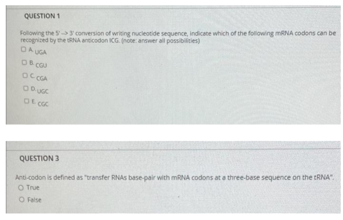 Following the 5-> 3' conversion of writing nucleotide sequence, indicate which of the following MRNA codons can be
recognized by the TRNA anticodon ICG. (note: answer all possibilities)
DA UGA
QUESTION 1
OB.CGU
OC CGA
OD UGC
DE CGC
QUESTION 3
Anti-codon is defined as "transfer RNAS base-pair with MRNA codons at a three-base sequence on the RNA".
O True
O False
