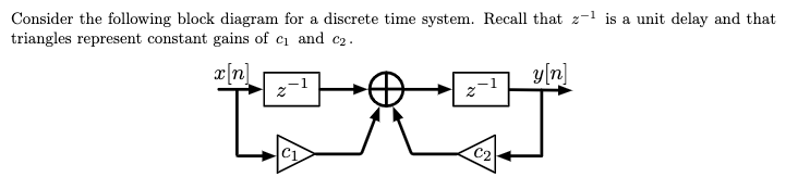 Consider the following block diagram for a discrete time system. Recall that z-1 is a unit delay and that
triangles represent constant gains of ci and c2.
x[n]
y[n]
C2
