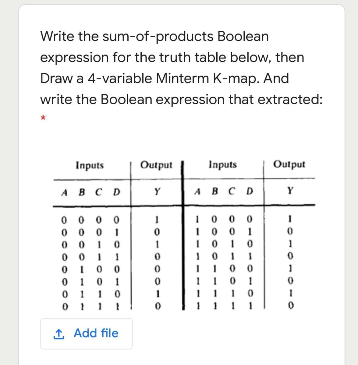 Write the sum-of-products Boolean
expression for the truth table below, then
Draw a 4-variable Minterm K-map. And
write the Boolean expression that extracted:
Inputs
Output
Inputs
Output
A B C D
Y
A B C D
Y
0 0 0 0
0 0
1
1
1
1
1
1 0 1 0
1
1
1
1
0 0
I 1 0 0
1
1
1
1
1
1
1
1
1 1 1 1
1 Add file
