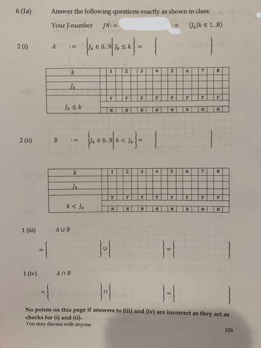 6 (la)
Answer the following questions exactly as shown in class:
Your J-number JN: =
Uklk E 1.8)
!D
2 (i)
A
2
3
4
6.
7.
8.
Y
Y
Jk Sk
N
2 (ii)
k
3.
4
6.
8.
Y
Y
k < Jk
N
N
N
N
1 (iii)
AUB
1 (iv)
ANB
No points on this page if answers to (iii) and (iv) are incorrect as they act as
checks for (i) and (ii).
You may discuss with anyone
103
