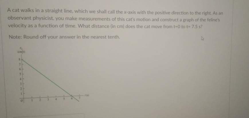 A cat walks in a straight line, which we shall call the x-axis with the positive direction to the right. As an
observant physicist, you make measurements of this cat's motion and construct a graph of the feline's
velocity as a function of time. What distance (in cm) does the cat move from t-0 to t= 7.5 s?
Note: Round off your answer in the nearest tenth.
