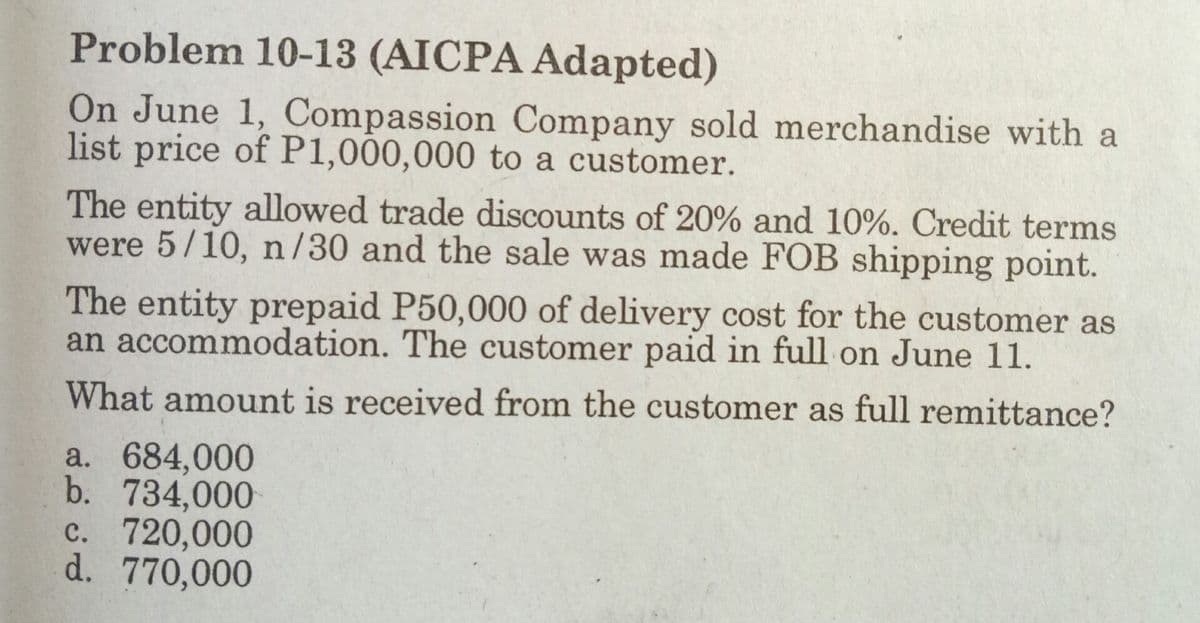 Problem 10-13 (AICPA Adapted)
On June 1, Compassion Company sold merchandise with a
list price of P1,000,000 to a customer.
The entity allowed trade discounts of 20% and 10%. Credit terms
were 5/10, n/30 and the sale was made FOB shipping point.
The entity prepaid P50,000 of delivery cost for the customer as
an accommodation. The customer paid in full on June 11.
What amount is received from the customer as full remittance?
a. 684,000
b. 734,000
c. 720,000
d. 770,000
