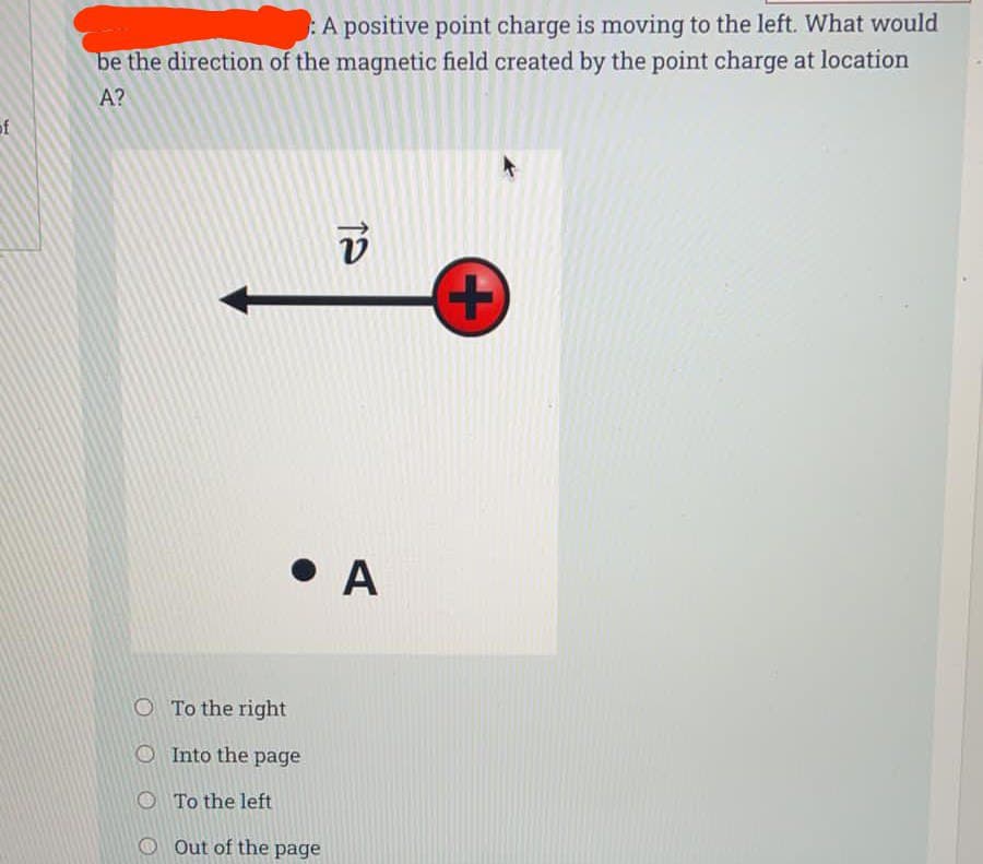 A positive point charge is moving to the left. What would
be the direction of the magnetic field created by the point charge at location
A?
of
• A
O To the right
O Into the page
To the left
Out of the page
