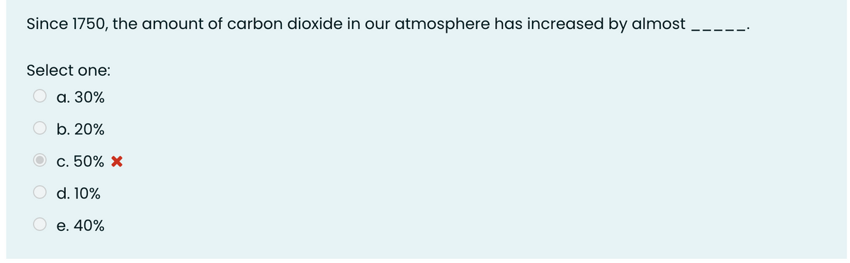 Since 1750, the amount of carbon dioxide in our atmosphere has increased by almost
Select one:
а. 30%
O b. 20%
c. 50% ×
d. 10%
е. 40%
O O O
