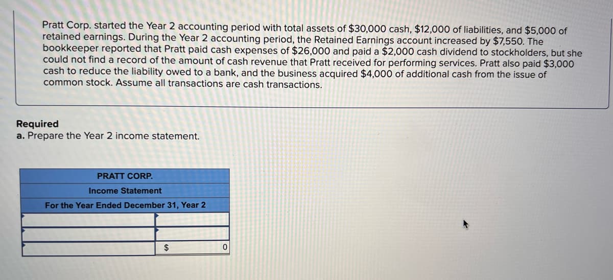 Pratt Corp. started the Year 2 accounting period with total assets of $30,000 cash, $12,000 of liabilities, and $5,000 of
retained earnings. During the Year 2 accounting period, the Retained Earnings account increased by $7,550. The
bookkeeper reported that Pratt paid cash expenses of $26,000 and paid a $2,000 cash dividend to stockholders, but she
could not find a record of the amount of cash revenue that Pratt received for performing services. Pratt also paid $3,000
cash to reduce the liability owed to a bank, and the business acquired $4,000 of additional cash from the issue of
common stock. Assume all transactions are cash transactions.
Required
a. Prepare the Year 2 income statement.
PRATT CORP.
Income Statement
For the Year Ended December 31, Year 2
$
0