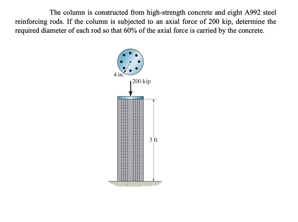 The column is constructed from high-strength concrete and eight A992 steel
reinforcing rods. If the column is subjected to an axial force of 200 kip, determine the
required diameter of each rod so that 60% of the axial force is carried by the concrete.
4 in.
|200 kip
3 ft
