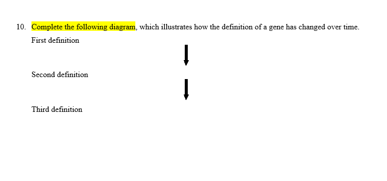 10. Complete the following diagram, which illustrates how the definition of a gene has changed over time.
First definition
Second definition
Third definition
