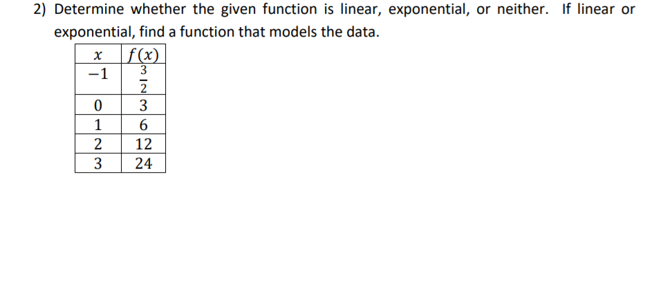 2) Determine whether the given function is linear, exponential, or neither. If linear or
exponential, find a function that models the data.
f(x)
3
-1
3
1
12
24
N3

