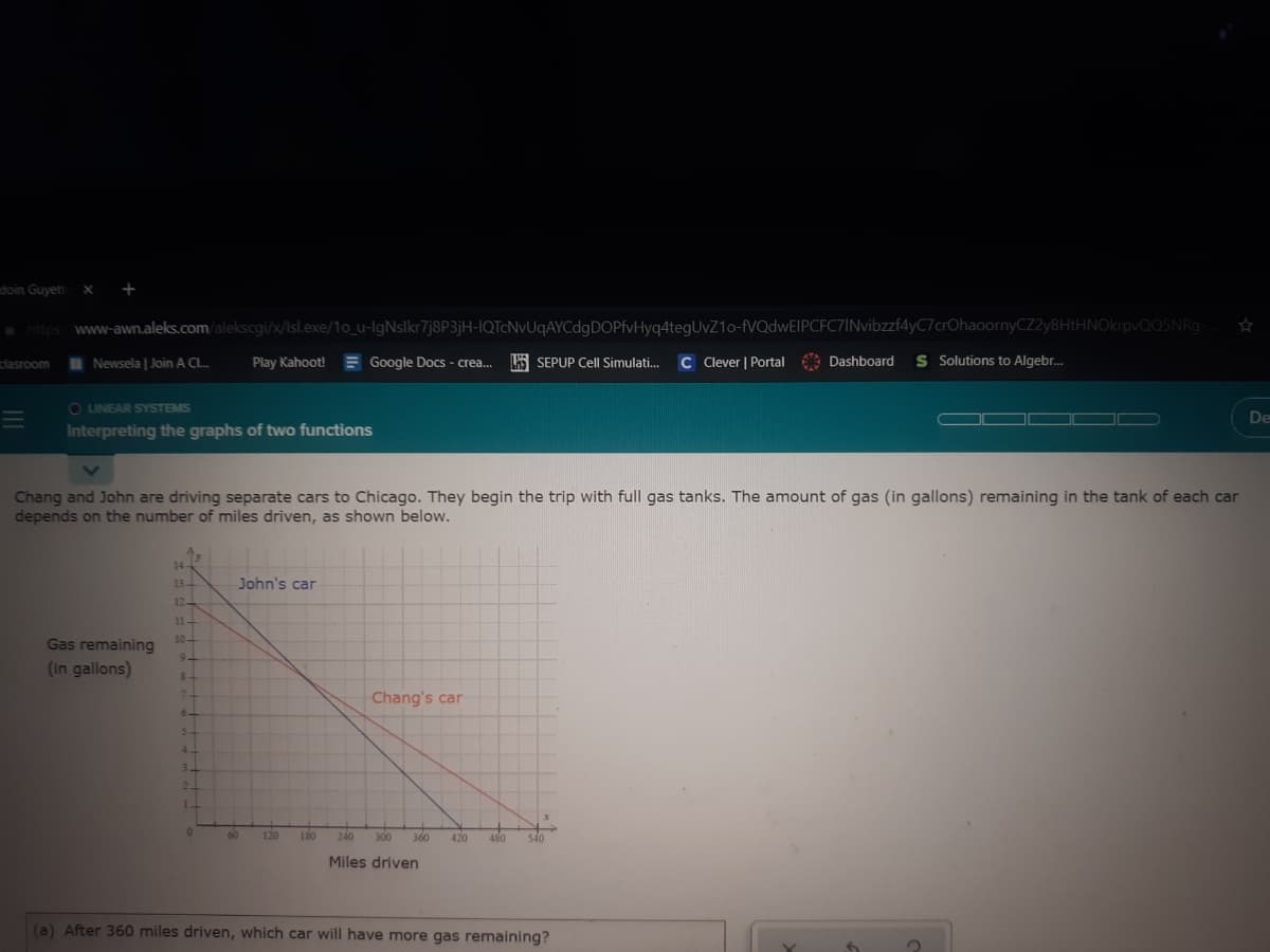 doin Guyett x +
https www-awn.aleks.com alekscgi/x/sl.exe/1o_u-lgNslkr7j8P3jH-IQTcNvUqAYCdgDOPfvHyq4tegUvZ1o-fVQdwEIPCFC7INvibzzf4yC7crOhaoornyCZ2y8HtHNOkrpvQQSNRg-
dasroom
I Newsela | Join A Cl.
Play Kahoot! = Google Docs - crea.
LAS
SEPUP Cell Simulati. C Clever | Portal
A
Dashboard S Solutions to Algebr.
O LINEAR SYSTEMS
De
1
Interpreting the graphs of two functions
Chang and John are driving separate cars to Chicago. They begin the trip with full gas tanks. The amount of gas (in gallons) remaining in the tank of each car
depends on the number of miles driven, as shown below.
14
13-
John's car
12
11-
10-
Gas remaining
(in gallons)
9.
7-
Chang's car
6.
4.
3.
2.
60
120
180
240
300
360
420
480
540
Miles driven
(a) After 360 miles driven, which car will have more gas remaining?
