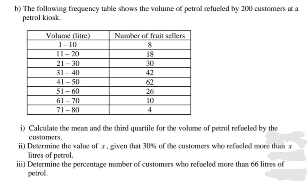 b) The following frequency table shows the volume of petrol refueled by 200 customers at a
petrol kiosk.
Volume (litre)
1- 10
Number of fruit sellers
8
11- 20
18
21 - 30
30
31 – 40
41- 50
51– 60
61 – 70
71- 80
42
62
26
10
4
i) Calculate the mean and the third quartile for the volume of petrol refueled by the
customers.
ii) Determine the value of x, given that 30% of the customers who refueled more than x
litres of petrol.
iii) Determine the percentage number of customers who refueled more than 66 litres of
petrol.
