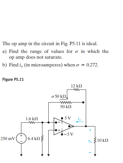 The op amp in the circuit in Fig. P5.11 is ideal.
a) Find the range of values for o in which the
op amp does not saturate.
b) Find i, (in microamperes) when o = 0.272.
Figure P5.11
12 kΩ
o 50 kn.
www
50 kΩ
1.6 kN
5 V
-5 V
250 mV(')6.4 kn3
10 kn
