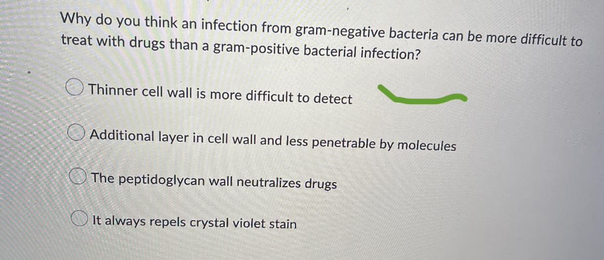 Why do you think an infection from gram-negative bacteria can be more difficult to
treat with drugs than a gram-positive bacterial infection?
Thinner cell wall is more difficult to detect
Additional layer in cell wall and less penetrable by molecules
The peptidoglycan wall neutralizes drugs
It always repels crystal violet stain