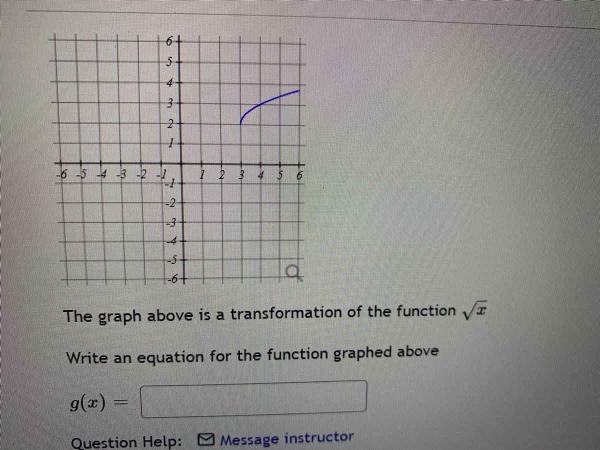 61
4
-6-54-3 -2 -
-3
-6-
The graph above is a transformation of the function I
Write an equation for the function graphed above
g(x) =
Question Help: M Message instructor
