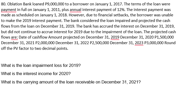 80. Oblation Bank loaned P9,000,000 to a borrower on January 1, 2017. The terms of the loan were
payment in full on January 1, 2011, plus annual interest payment of 12%. The interest payment was
made as scheduled on January 1, 2018. However, due to financial setbacks, the borrower was unable
to make the 2019 interest payment. The bank considered the loan impaired and projected the cash
flows from the loan on December 31, 2019. The bank has accrued the interest on December 31, 2019,
but did not continue to accrue interest for 2019 due to the impairment of the loan. The projected cash
flows are: Date of cashflow Amount projected on December 31, 2019 December 31, 2020 P1,500,000
December 31, 2021 P2,000,000 December 31, 2022 P2,500,000 December 31, 2023 P3,000,000 Round
off the PV factor to two decimal points.
What is the loan impairment loss for 2019?
What is the interest income for 2020?
What is the carrying amount of the loan receivable on December 31, 2021?

