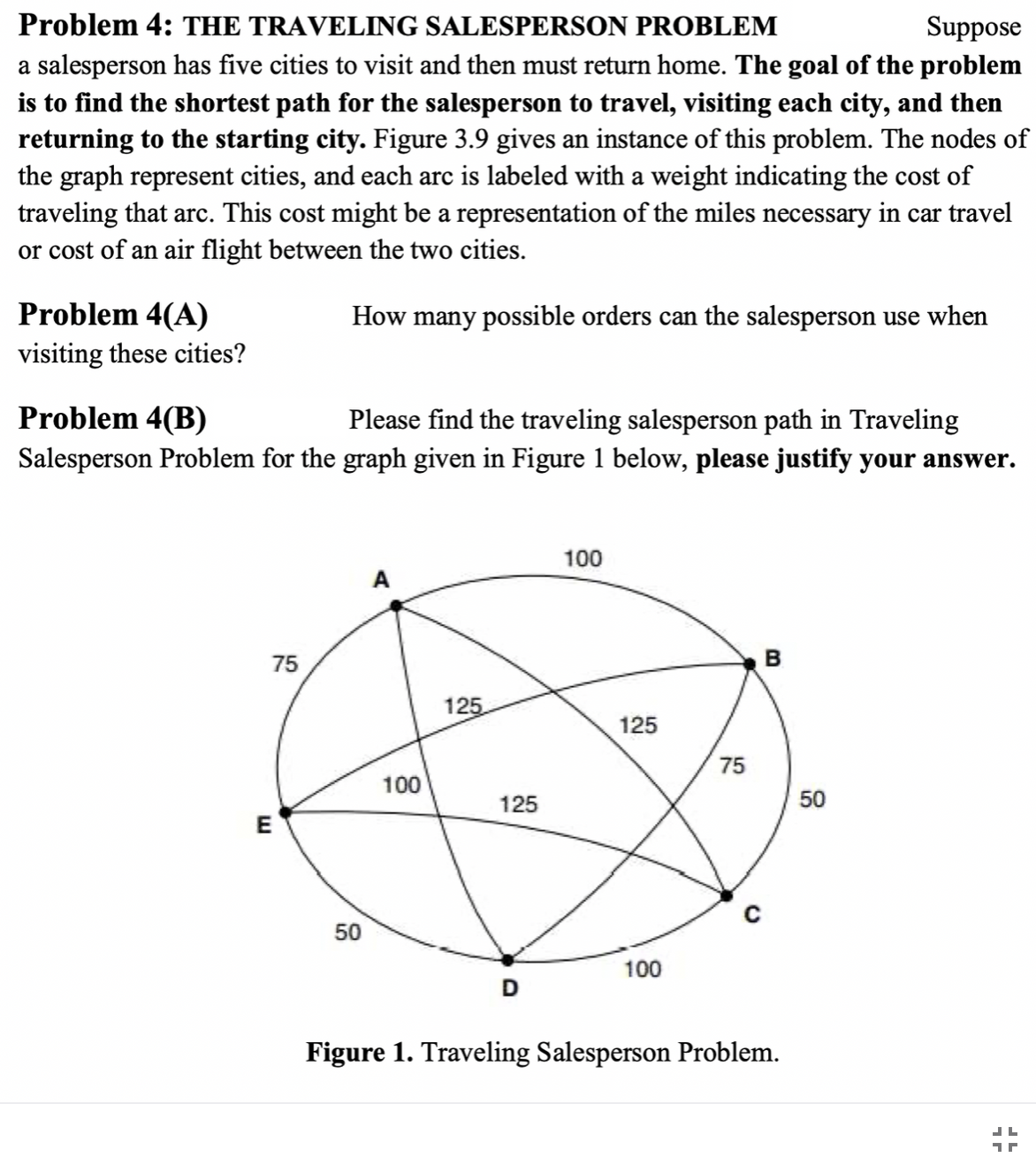 Problem 4: THE TRAVELING SALESPERSON PROBLEM
Suppose
a salesperson has five cities to visit and then must return home. The goal of the problem
is to find the shortest path for the salesperson to travel, visiting each city, and then
returning to the starting city. Figure 3.9 gives an instance of this problem. The nodes of
the graph represent cities, and each arc is labeled with a weight indicating the cost of
traveling that arc. This cost might be a representation of the miles necessary in car travel
or cost of an air flight between the two cities.
Problem 4(A)
visiting these cities?
How many possible orders can the salesperson use when
Problem 4(B)
Please find the traveling salesperson path in Traveling
Salesperson Problem for the graph given in Figure 1 below, please justify your answer.
100
A
75
125
125
75
100
125
50
50
100
Figure 1. Traveling Salesperson Problem.
B.
