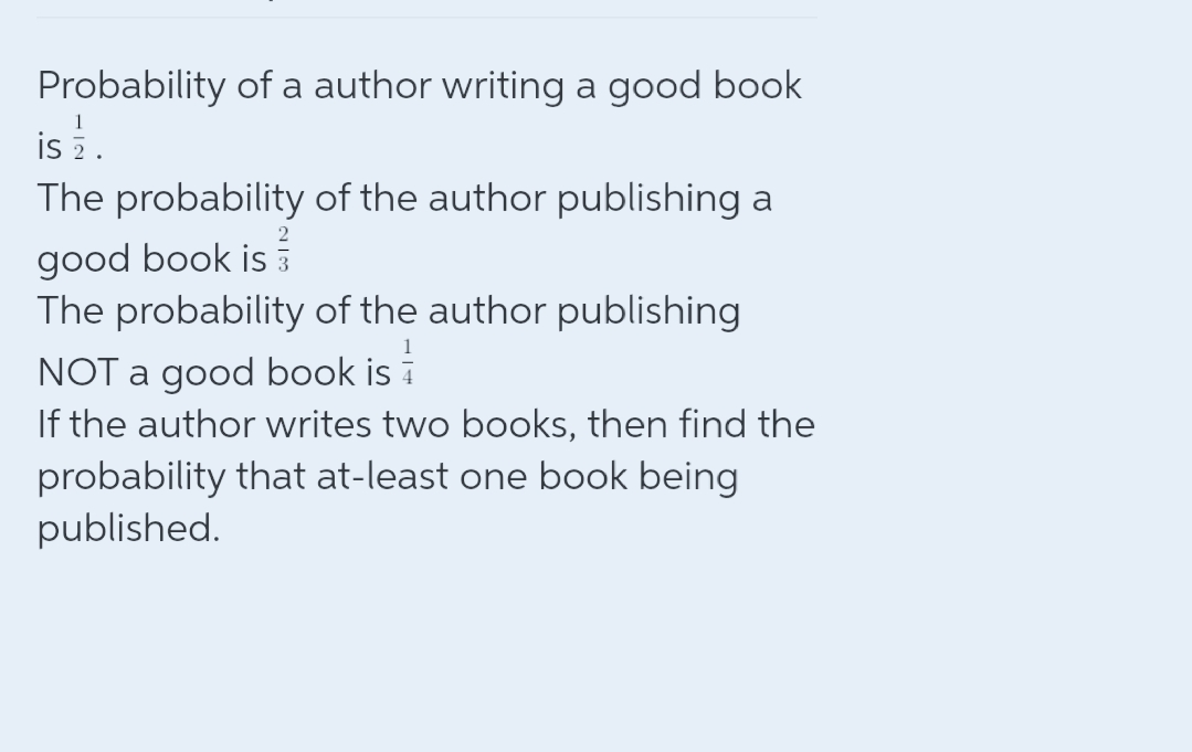Probability of a author writing a good book
isi
The probability of the author publishing a
good book is
The probability of the author publishing
NOT a good book is i
If the author writes two books, then find the
probability that at-least one book being
published.
