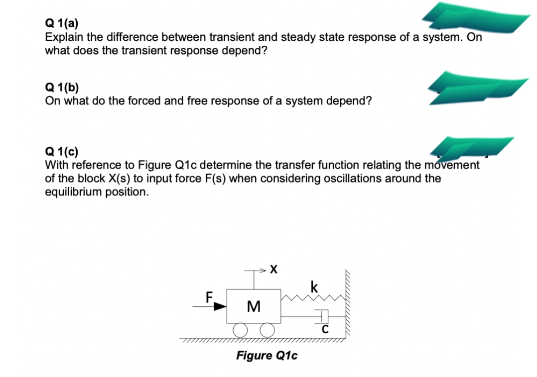 Q 1(a)
Explain the difference between transient and steady state response of a system. On
what does the transient response depend?
Q 1(b)
On what do the forced and free response of a system depend?
Q 1(c)
With reference to Figure Q1c determine the transfer function relating the movement
of the block X(s) to input force F(s) when considering oscillations around the
equilibrium position.
F.
M
C
Figure Q1c
