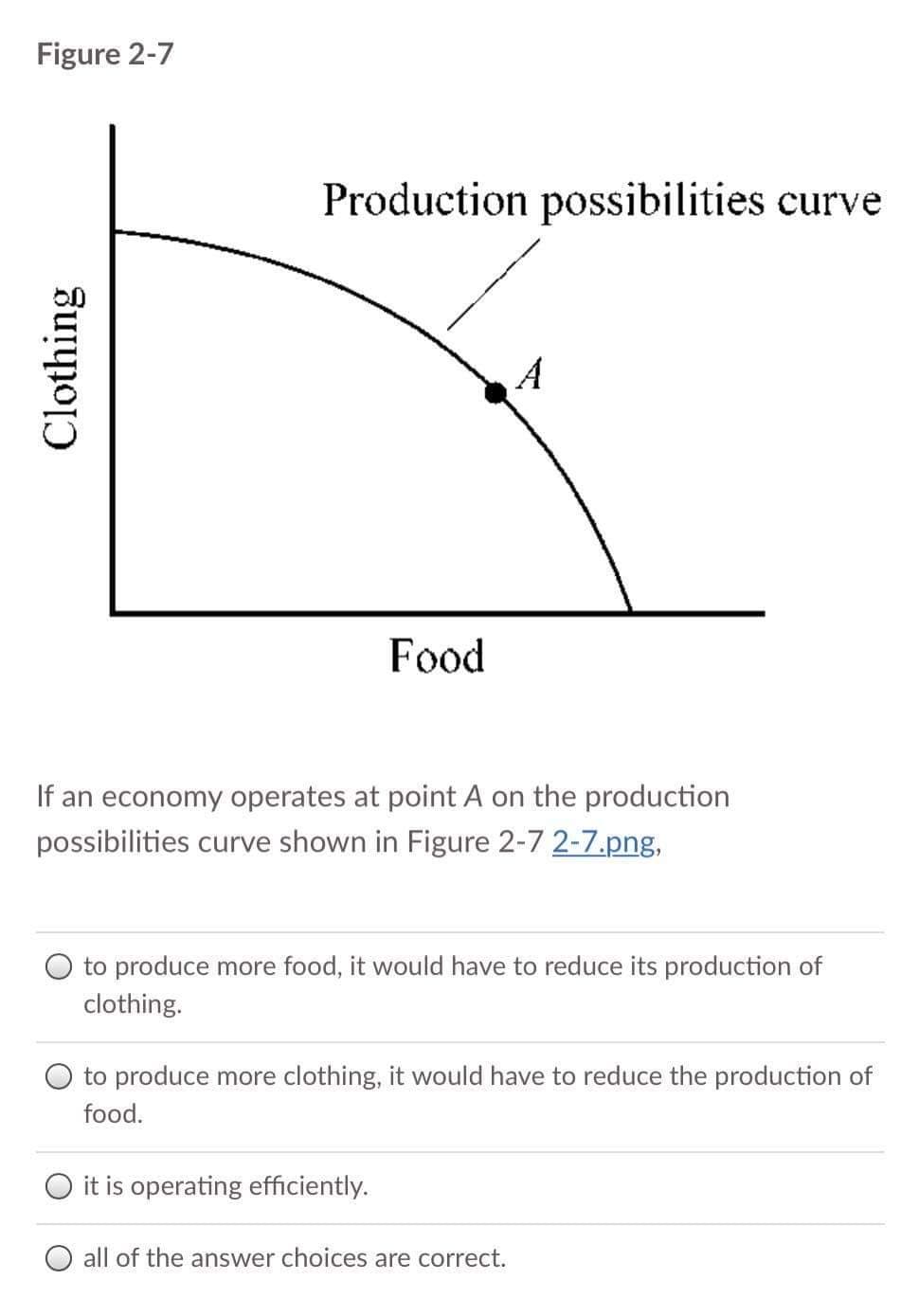 Figure 2-7
Production possibilities curve
A
Food
If an economy operates at point A on the production
possibilities curve shown in Figure 2-7 2-7.png,
to produce more food, it would have to reduce its production of
clothing.
O to produce more clothing, it would have to reduce the production of
food.
O it is operating efficiently.
O all of the answer choices are correct.
Clothing
