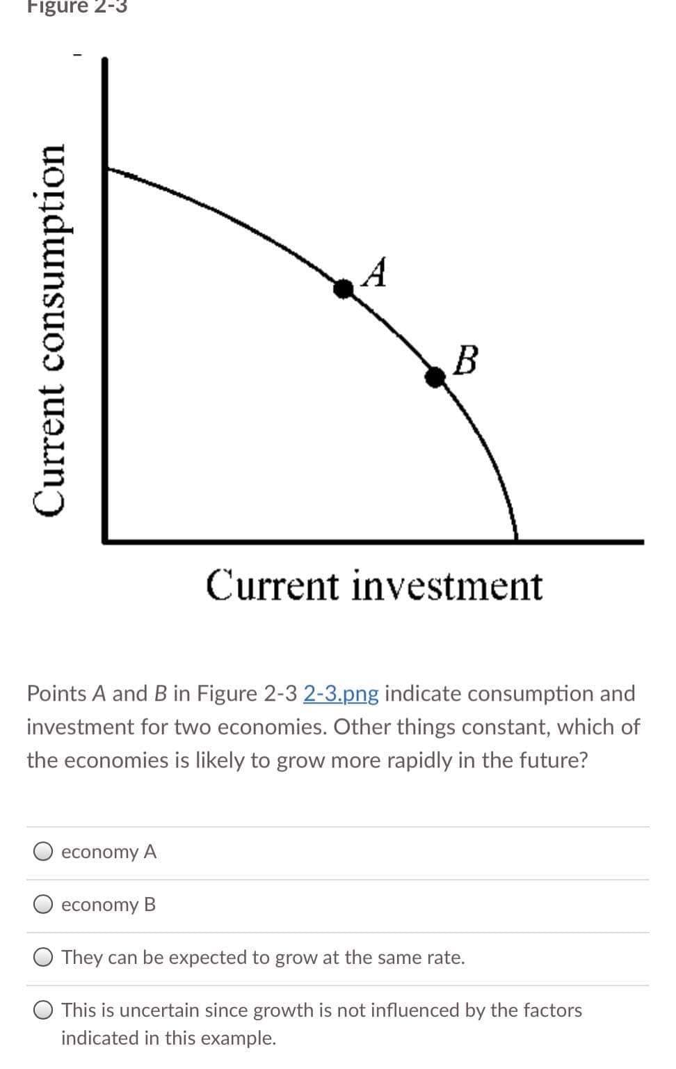 Figure 2-3
A
В
Current investment
Points A and B in Figure 2-3 2-3.png indicate consumption and
investment for two economies. Other things constant, which of
the economies is likely to grow more rapidly in the future?
economy A
economy B
O They can be expected to grow at the same rate.
O This is uncertain since growth is not influenced by the factors
indicated in this example.
Current consumption
