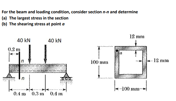 For the beam and loading condition, consider section n-n and determine
(a) The largest stress in the section
(b) The shearing stress at point a
12 mm
40 kN
40 kN
0,2 m
-12 mm
100 mm
100 mm
(0.4 m 0.3 m
0.4 m

