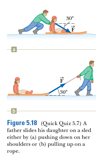 30°
a
30°
b
Figure 5.18 (Quick Quiz 5.7) A
father slides his daughter on a sled
either by (a) pushing down on her
shoulders or (b) pulling up on a
горе.
