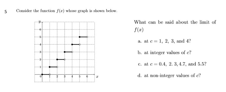 5
Consider the function f(x) whose graph is shown below.
What can be said about the limit of
f(x)
a. at c= 1, 2, 3, and 4?
b. at integer values of c?
c. at c= 0.4, 2. 3, 4.7, and 5.5?
d. at non-integer values of c?
