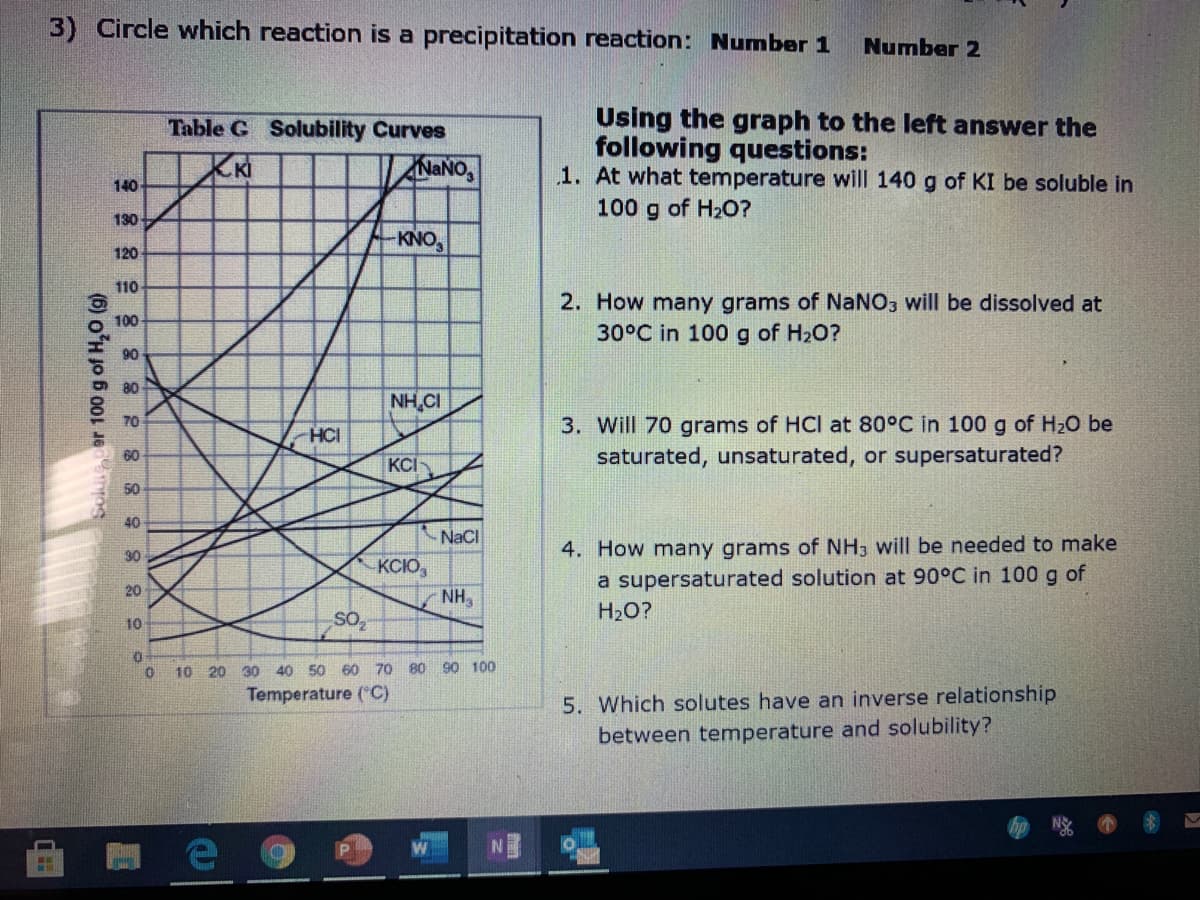 3) Circle which reaction is a precipitation reaction: Number 1
Number 2
Using the graph to the left answer the
following questions:
1. At what temperature will 140 g of KI be soluble in
100 g of H20?
Table G Solubility Curves
NANO,
140
130
KNO
120
110
2. How many grams of NaNO, will be dissolved at
30°C in 100 g of H2O?
100
90
80
NH,CI
3. Will 70 grams of HCI at 80°C in 100 g of H20 be
saturated, unsaturated, or supersaturated?
70
HCI
60
KCI
50
40
NaCl
KCIO,
NH,
4. How many grams of NH3 will be needed to make
a supersaturated solution at 90°C in 100 g of
30
20
H2O?
10
10 20
30 40 50
60 70 80 90 100
Temperature (C)
5. Which solutes have an inverse relationship
between temperature and solubility?
er 100 g of H,0 (g)
