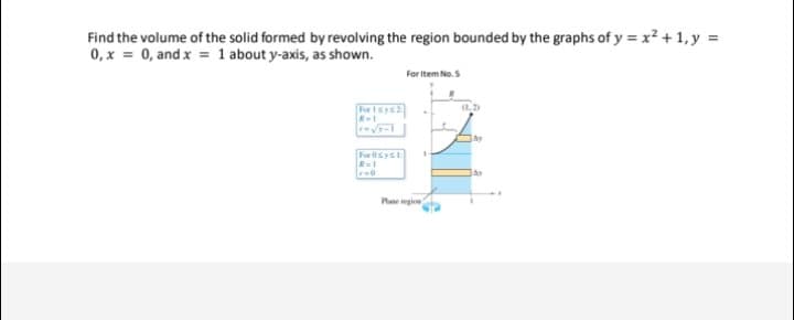 Find the volume of the solid formed by revolving the region bounded by the graphs of y = x? + 1, y =
0, x = 0, and x = 1 about y-axis, as shown.
For Item No.5
For Isys2
For syst
Pae mgion
