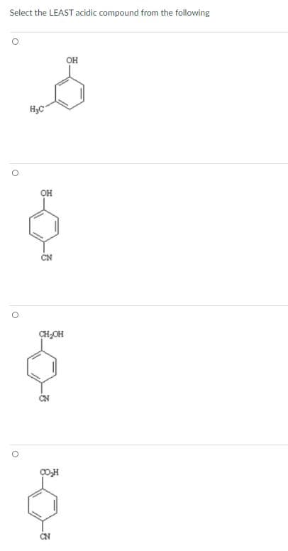 Select the LEAST acidic compound from the following
OH
OH
CH,OH
CN
