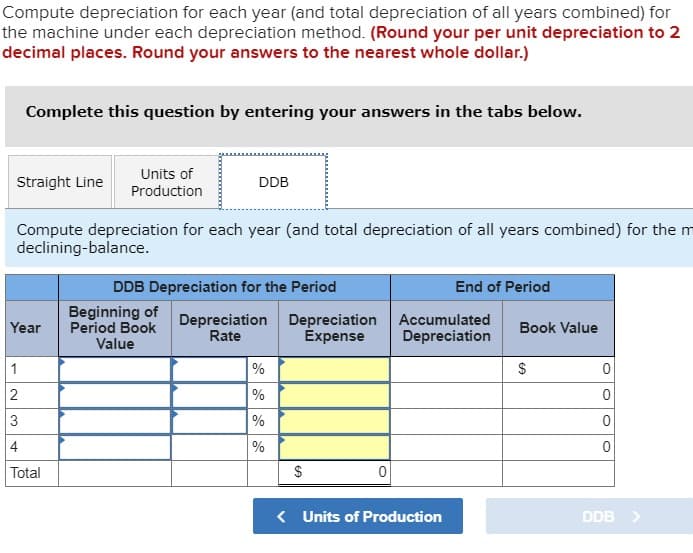 Compute depreciation for each year (and total depreciation of all years combined) for
the machine under each depreciation method. (Round your per unit depreciation to 2
decimal places. Round your answers to the nearest whole dollar.)
Complete this question by entering your answers in the tabs below.
Straight Line
Units of
Production
DDB
Compute depreciation for each year (and total depreciation of all years combined) for the m
declining-balance.
DDB Depreciation for the Period
End of Period
Beginning of
Period Book
Depreciation Depreciation
Rate
Accumulated
Year
Book Value
Expense
Depreciation
Value
1
$
%
%
Total
$
< Units of Production
DDB >
2.
3.
4.
