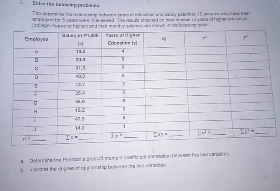 1.
Solve the following problems.
Too determine the relationship between years of education and salary potential, 10 persons who have been
employed for 5 years were interviewed. The results obtained on their number of years of higher education
(college degree or higher) and their monthly salaries, are shown in the following table
Salary in P1,000
Years of Higher
Employee
xy
y²
(x)
Education (y)
A
18.5
4
B
20,8
5
с
31.2
5
48.3
8
13.7
2
35.4
6
58.9
19.2
47.3
14.2
Ex² =
Σy² =
Exy=
Ex=
Σy=
n=
a. Determine the Pearson's product moment coefficient correlation between the two variables.
b. Interpret the degree of relationship between the two variables.
CDEFG
H
1
6
3
6
1