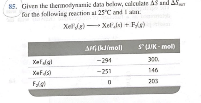 85.
for the following reaction at 25°C and 1 atm:
XeF,(g) →
XeF,(s) + F,(g)
AH¡ (kJ/mol)
S° (J/K mol)
XeF6(g)
- 294
300.
XeF4(s)
- 251
146
203
F2(g)
