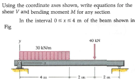Using the coordinate axes shown, write equations for the
shear V and bending moment M for any section
In the interval 0=x<4 m of the beam shown in
Fig
40 KN
30 kN/m
