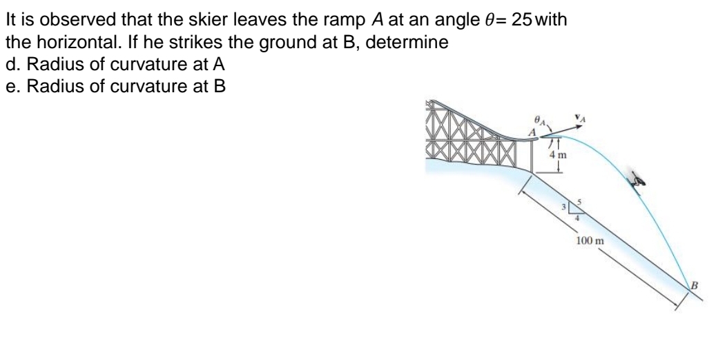 It is observed that the skier leaves the ramp A at an angle 0= 25 with
the horizontal. If he strikes the ground at B, determine
d. Radius of curvature at A
e. Radius of curvature at B
4 m
100 m