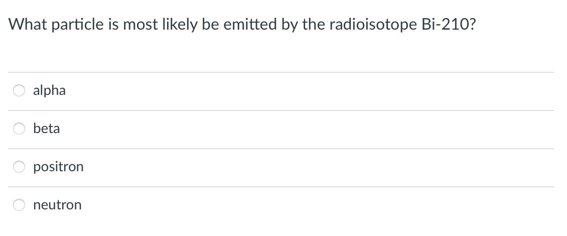 What particle is most likely be emitted by the radioisotope Bi-210?
alpha
beta
positron
neutron

